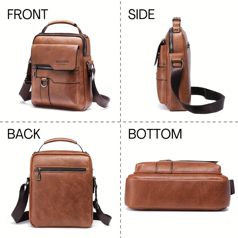 Brown leather bag shown from front, side, back, and bottom angles on a white background.