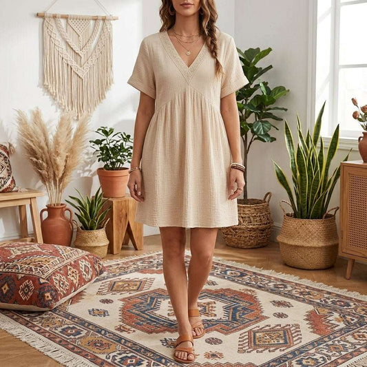 Women’s V-Neck 100% Cotton Shift Dress
