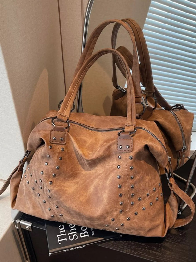 PureOnSkin Women's Studded Vintage-Style Handbag High-Quality Low-Chemical Daily Shoulder Bag – Brown