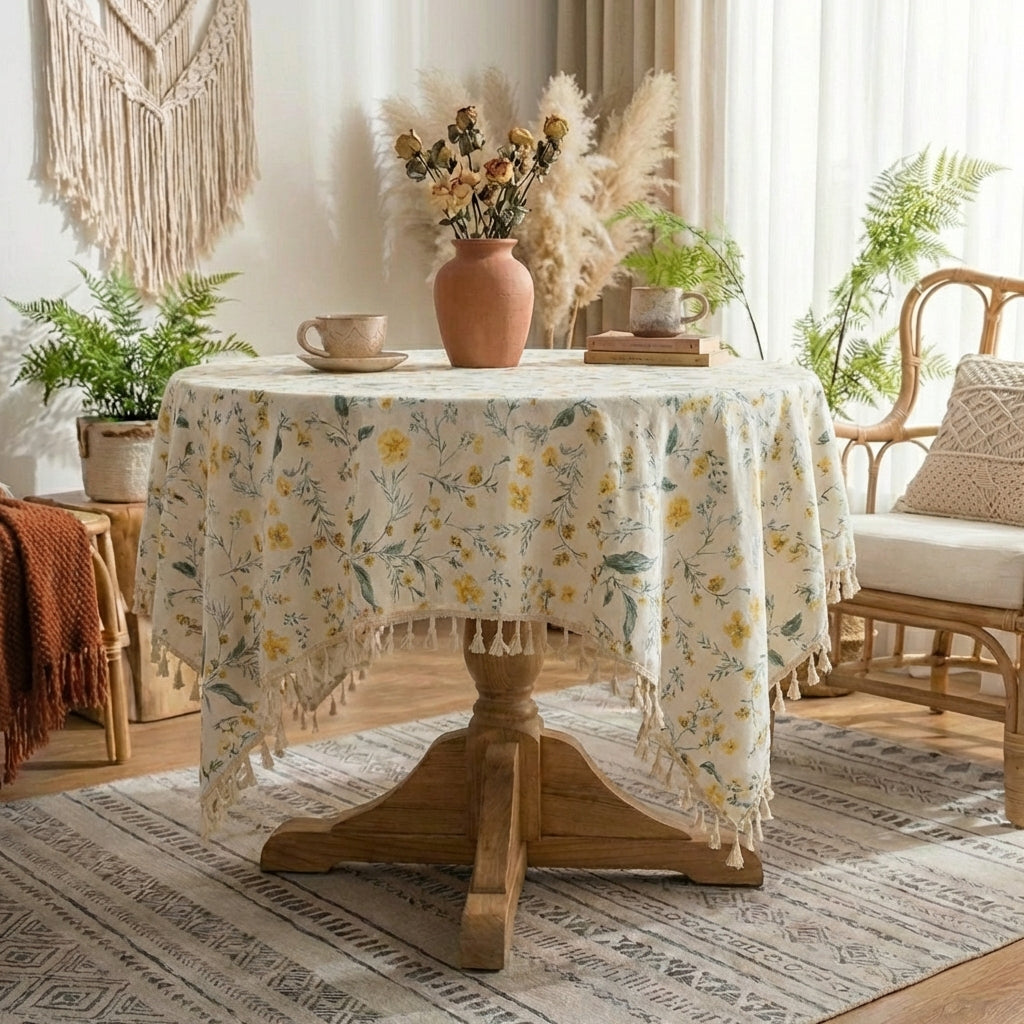 Nordic floral cotton tablecloth with tassels, soft and durable fabric, adds a stylish, cozy touch to any dining or living space.