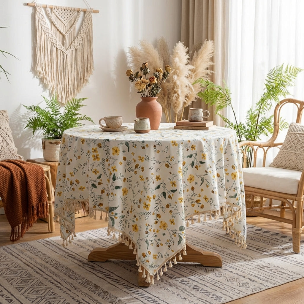 Nordic floral cotton tablecloth with tassels, soft and durable fabric, adds a stylish, cozy touch to any dining or living space.