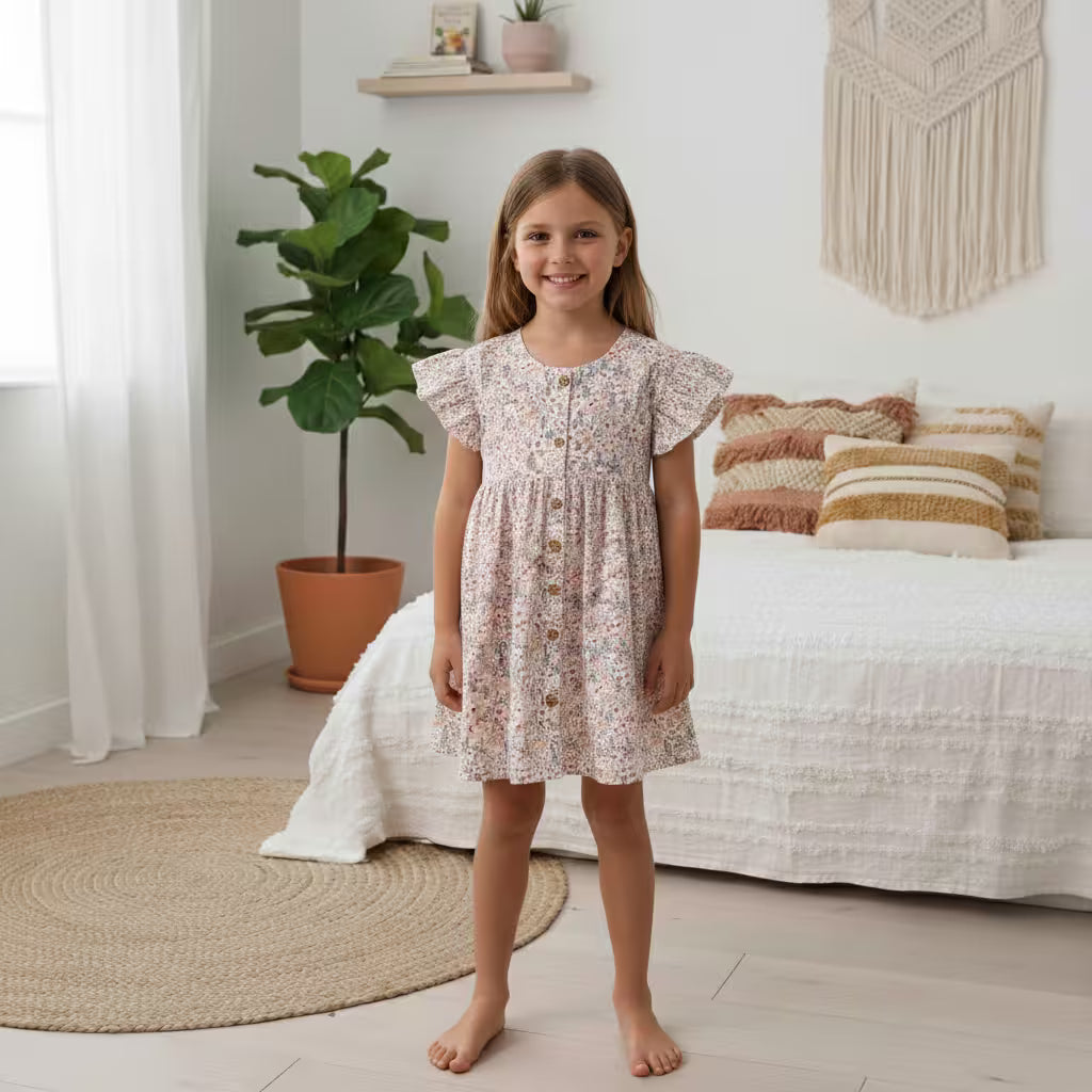 Kids Floral Print Button Front Ruffle Sleeve Dress in soft breathable cotton for summer comfort.
