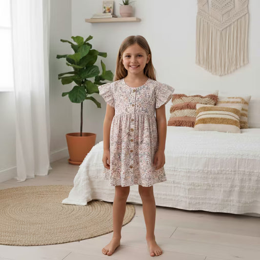 Kids Floral Print Button Front Ruffle Sleeve Dress in soft breathable cotton for summer comfort.