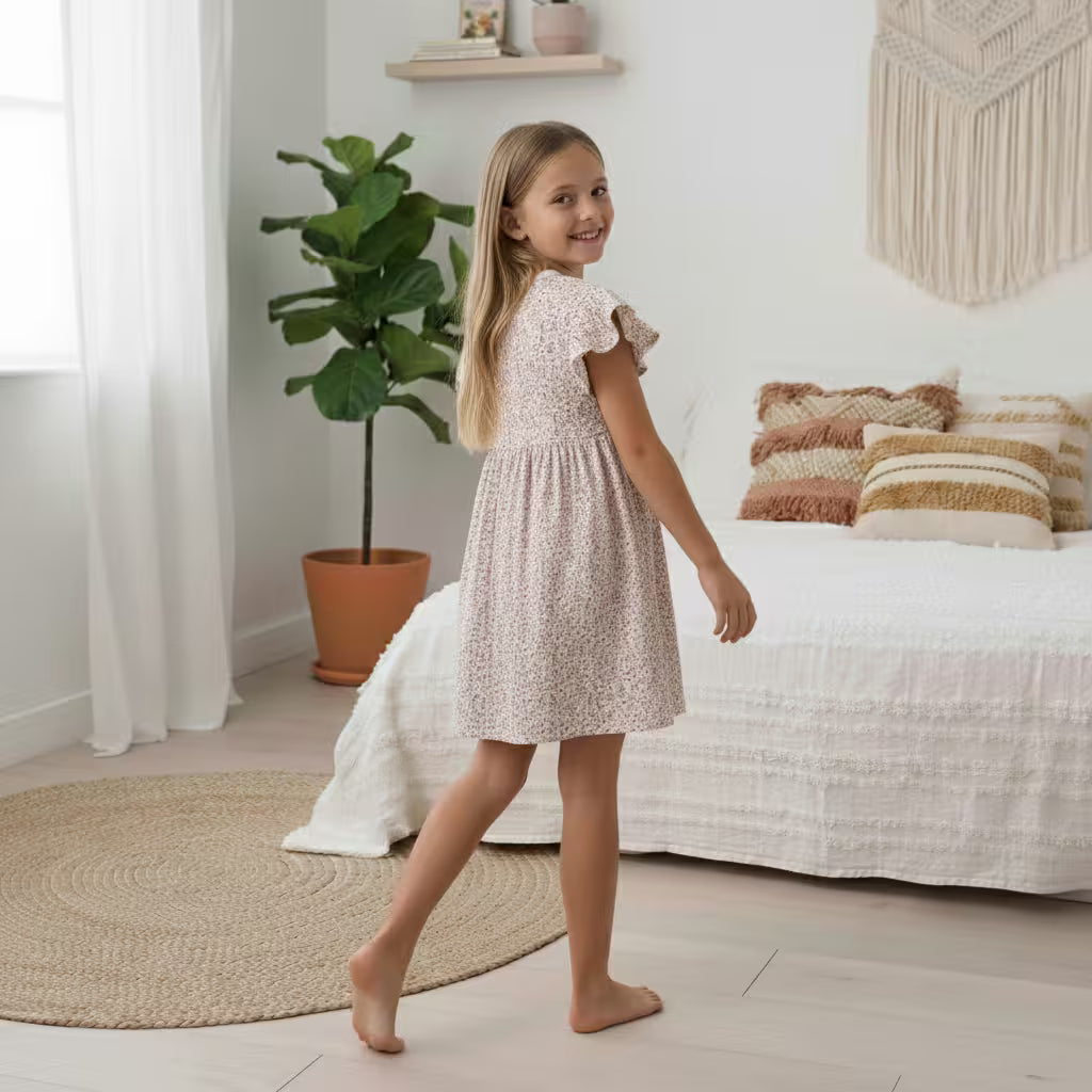 Kids Floral Print Button Front Ruffle Sleeve Dress showing the button-down closure and delicate floral pattern.