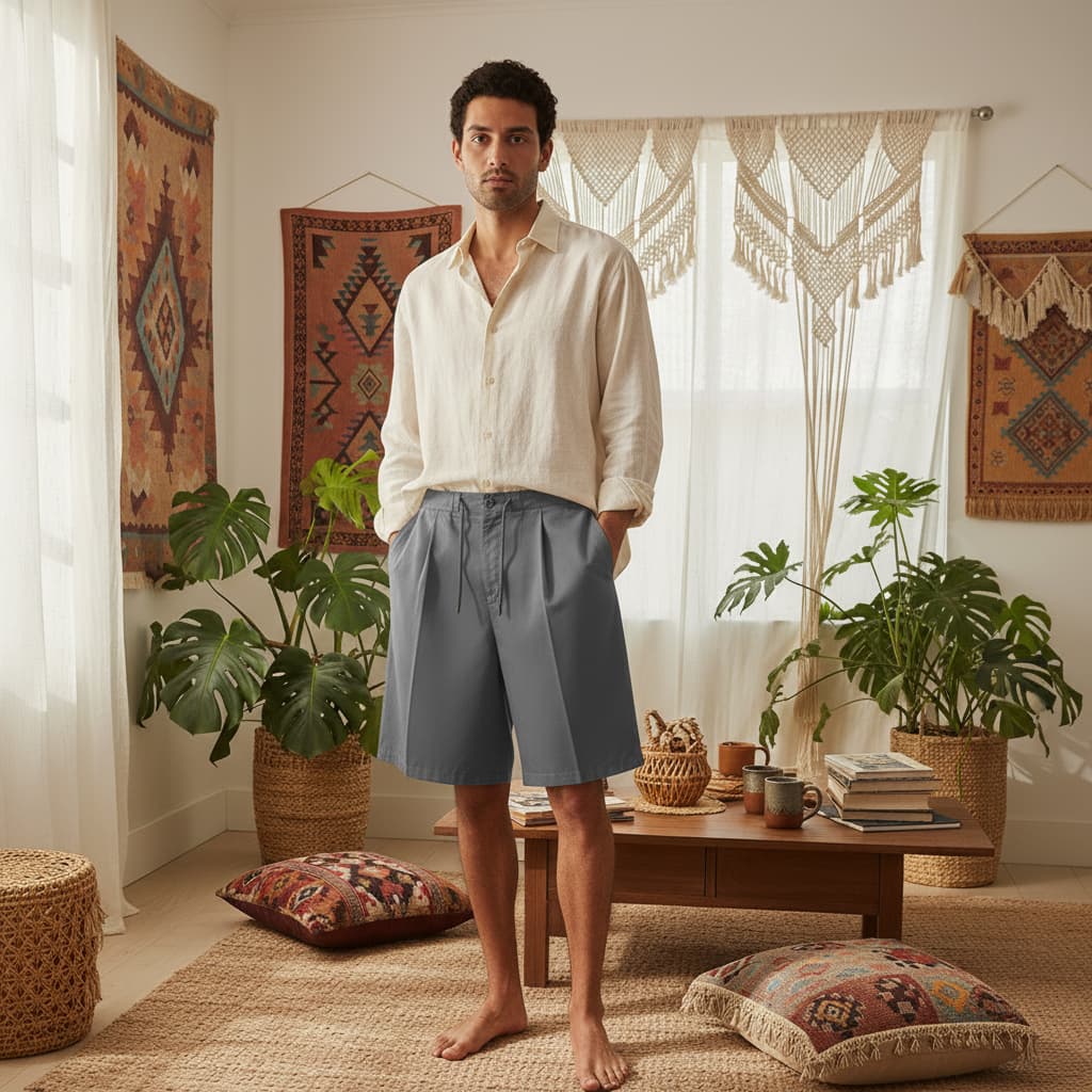Front view of PureOnSkin Men's Relaxed Fit Cotton Casual Shorts featuring a flexible waistband and side pockets.