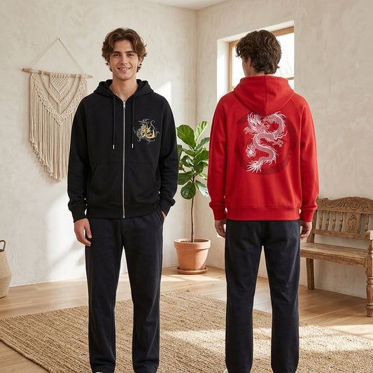 Men's Heavy Industry Embroidered Golden Dragon Pure Cotton Loose Hooded Sweatshirt