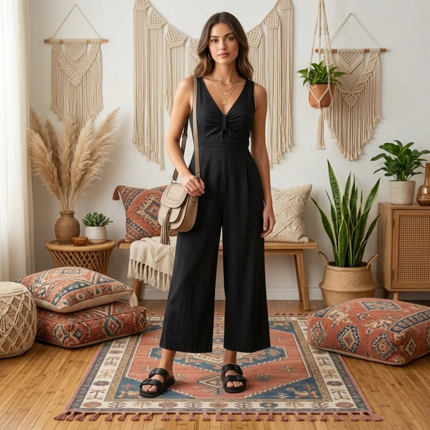Women’s Front Cut Out Smocked Back Sleeveless Wide Leg Jumpsuit – Cotton Casual Jumpsuit