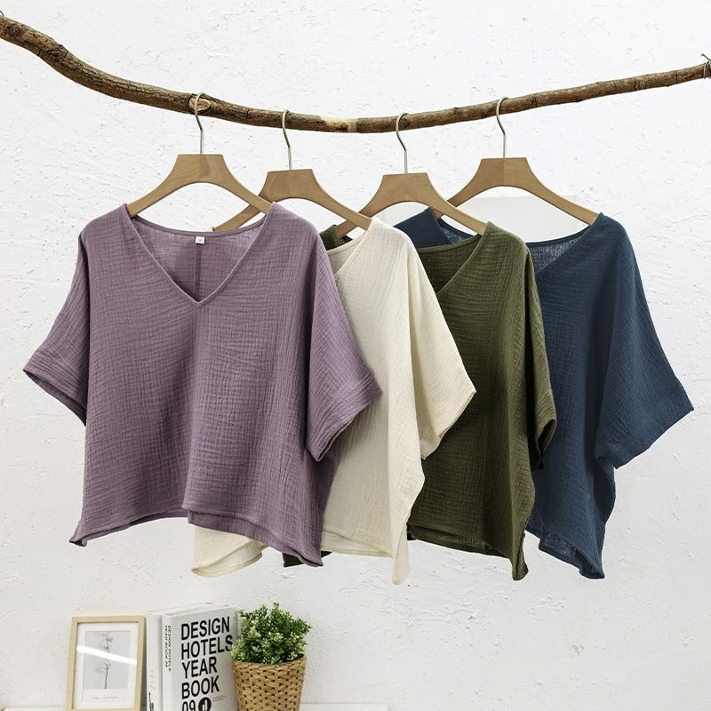Women's 100% Cotton Muslin V-Neck Short Sleeve Oversized T-Shirt
