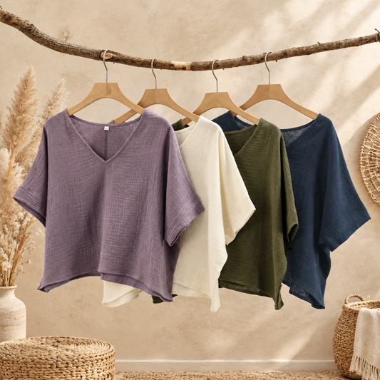 Women's 100% Cotton Muslin V-Neck Short Sleeve Oversized T-Shirt
