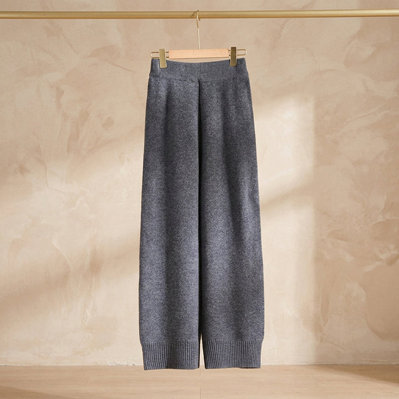 Women’s 100% Australian Merino Wool High Waisted Wide Leg Knitted Pants – Dark Grey