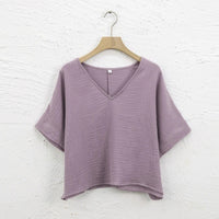 Women's 100% Cotton Muslin V-Neck Short Sleeve Oversized T-Shirt
