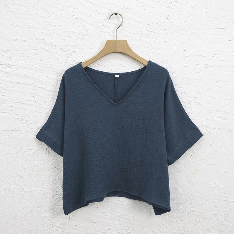 Women's 100% Cotton Muslin V-Neck Short Sleeve Oversized T-Shirt