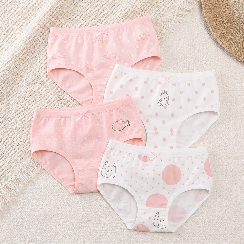 PureOnSkin Girls’ 4-Pack Pure Cotton Briefs Pastel & Cartoon Prints (Ages 3–16)