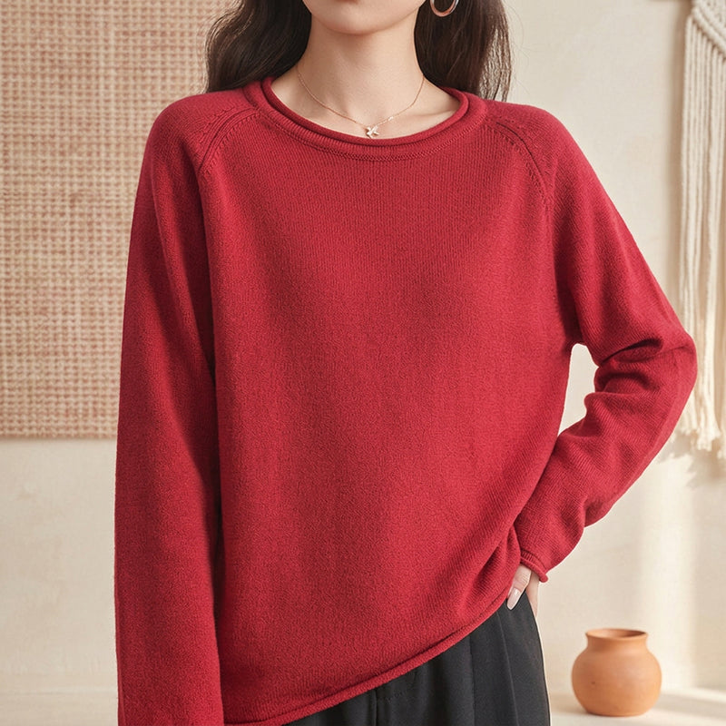 PureOnSkin Women’s 100% Pure Cotton Raglan Sleeve O-Neck Knit Pullover Sweater – Red
