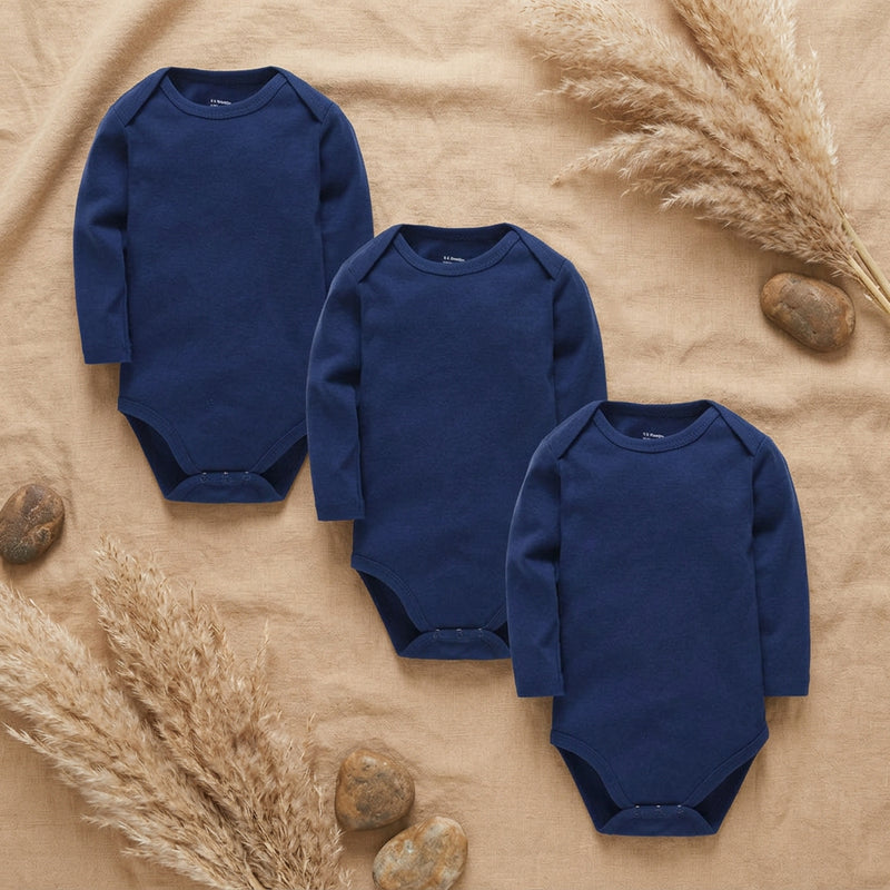 PureOnSkin Baby 100% Pure Cotton Long-Sleeve Bodysuit Multi-Pack (0–24 Months) – Navy