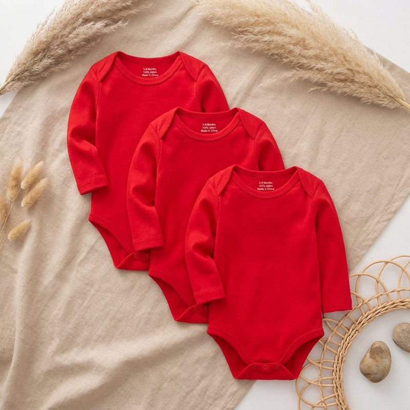 PureOnSkin Baby 100% Pure Cotton Long-Sleeve Bodysuit Multi-Pack (0–24 Months) – Red