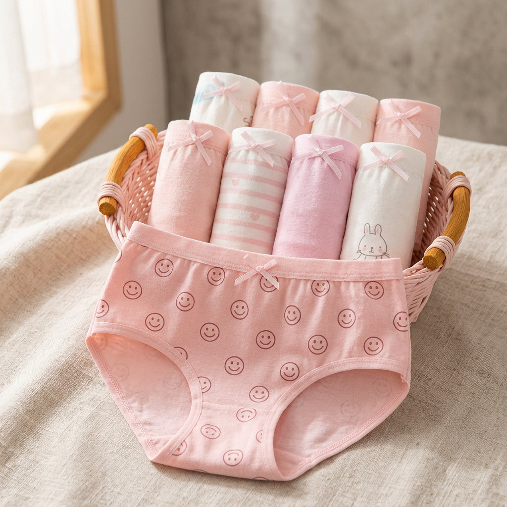 A set of baby girl's underwear displayed in a pink woven basket, with one unfolded pair in front showing a white base with light pink cloud patterns and a small bow at the waistband. The remaining folded pairs in the basket are pastel pink and white with stripes, hearts, and bunny graphics.