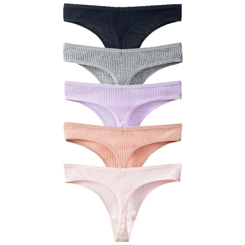 PureOnSkin Women's Premium 100% Cotton Low-Rise Thongs 5-Piece Hypoallergenic Comfort Set