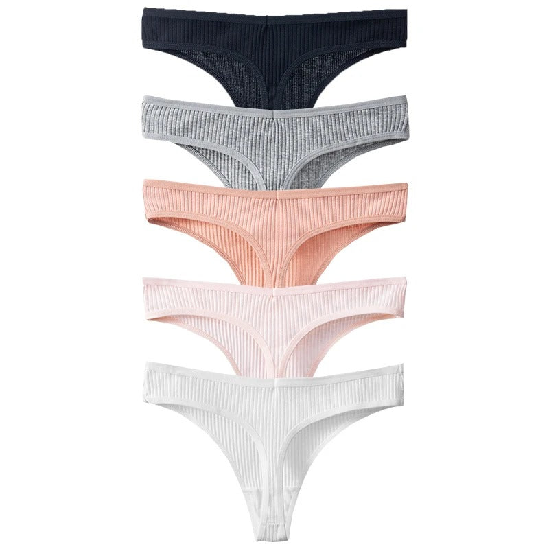 PureOnSkin Women's Premium 100% Cotton Low-Rise Thongs 5-Piece Hypoallergenic Comfort Set
