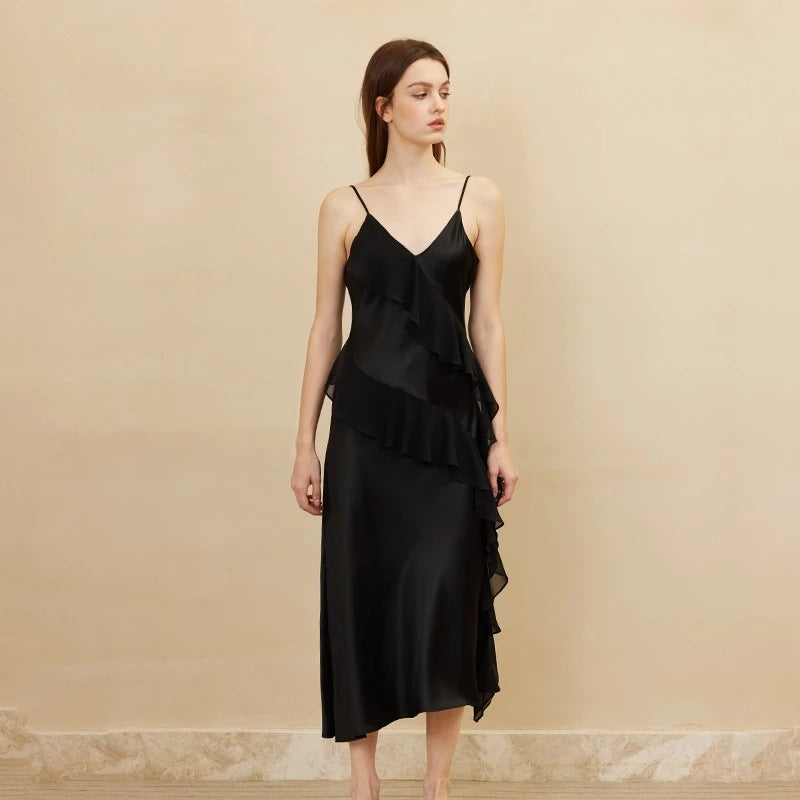 PureOnSkin OEKO-TEX 19MM Real Silk Plain Satin V-Neck Maxi Dress