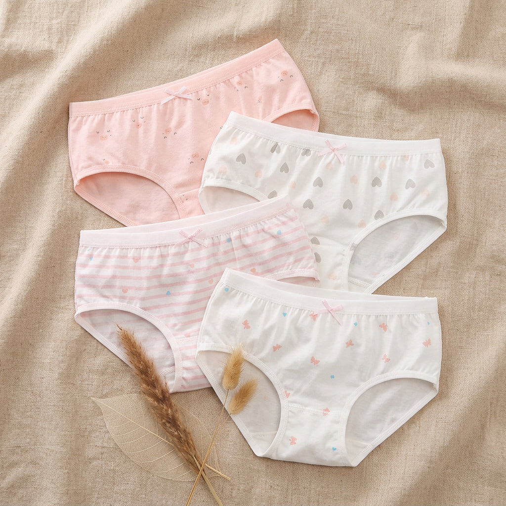 Four pairs of women's cotton briefs in pastel colors, including pink, cream, and light pink striped, arranged on a light background next to a floral wedding invitation card.