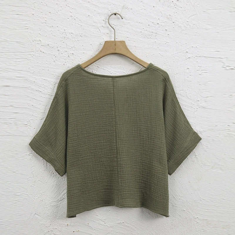 Women's 100% Cotton Muslin V-Neck Short Sleeve Oversized T-Shirt