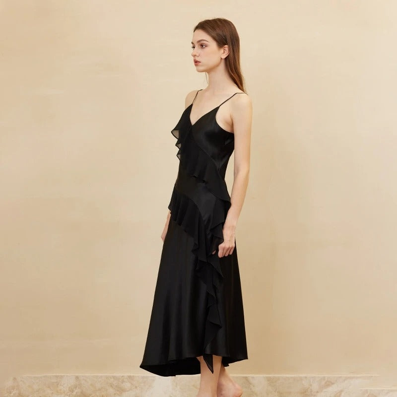 PureOnSkin OEKO-TEX 19MM Real Silk Plain Satin V-Neck Maxi Dress