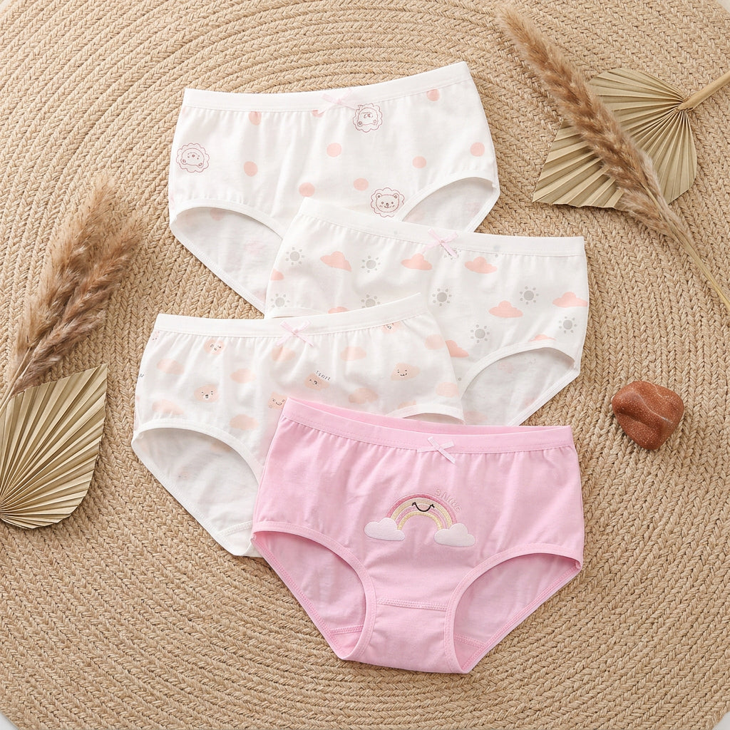 Two pairs of children's underwear, one white with pink cloud pattern and one pink, on a light gray background.