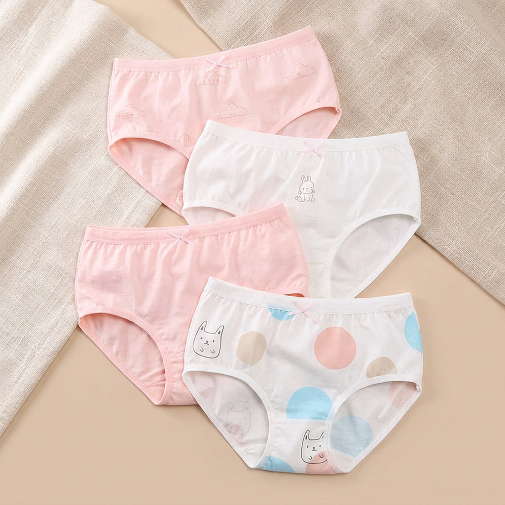 PureOnSkin Girls’ 4-Pack Pure Cotton Briefs Pastel & Cartoon Prints (Ages 3–16)