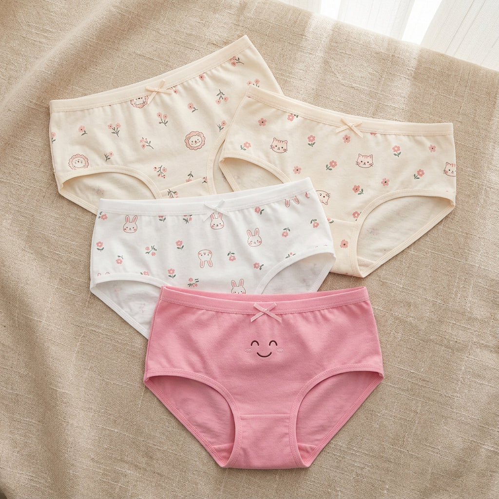 Two pairs of children's underwear, one white with pink cloud pattern and one pink, on a light gray background.