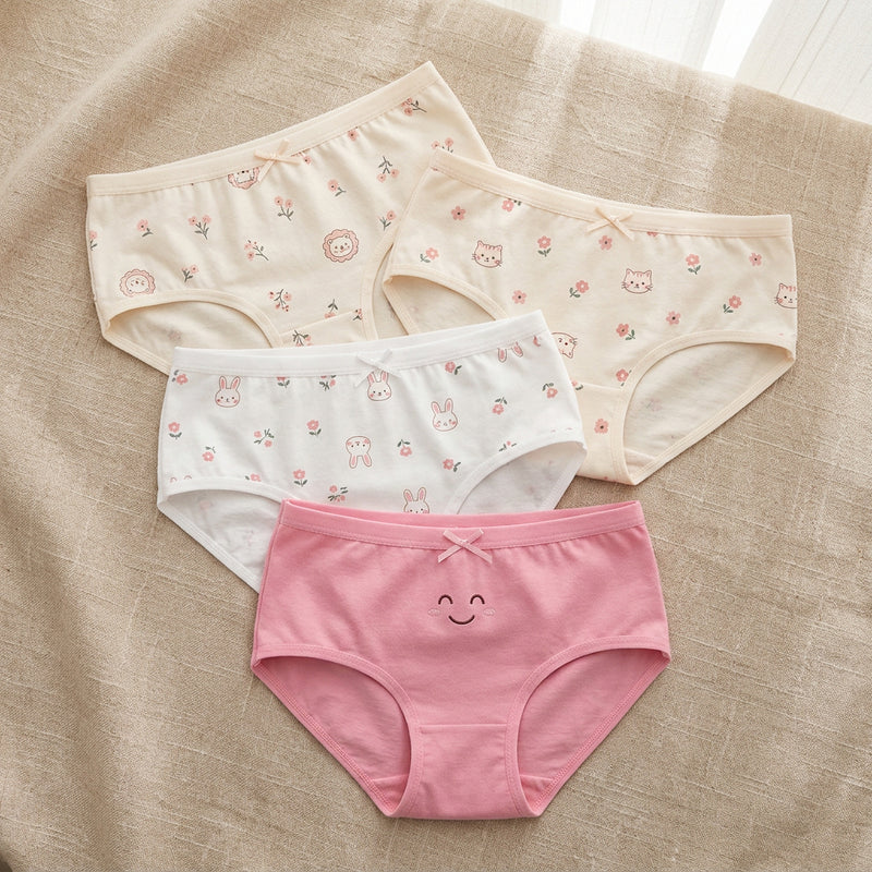 PureOnSkin Girls’ 4-Pack Pure Cotton Briefs Pastel & Cartoon Prints (Ages 3–16)