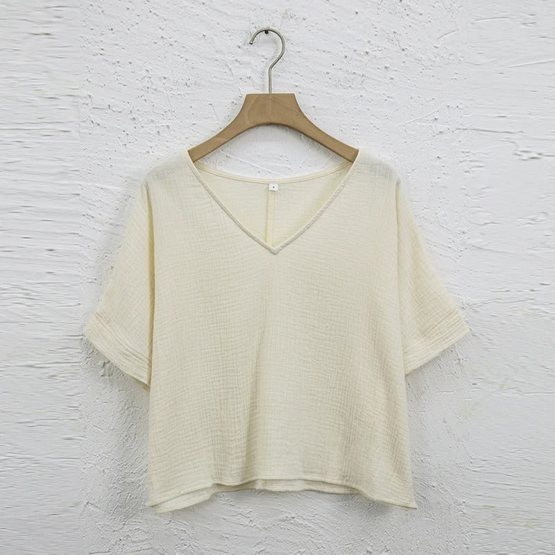 Women's 100% Cotton Muslin V-Neck Short Sleeve Oversized T-Shirt