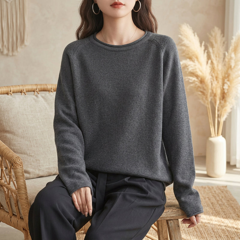 PureOnSkin Women’s 100% Pure Cotton Raglan Sleeve O-Neck Knit Pullover Sweater – Gray