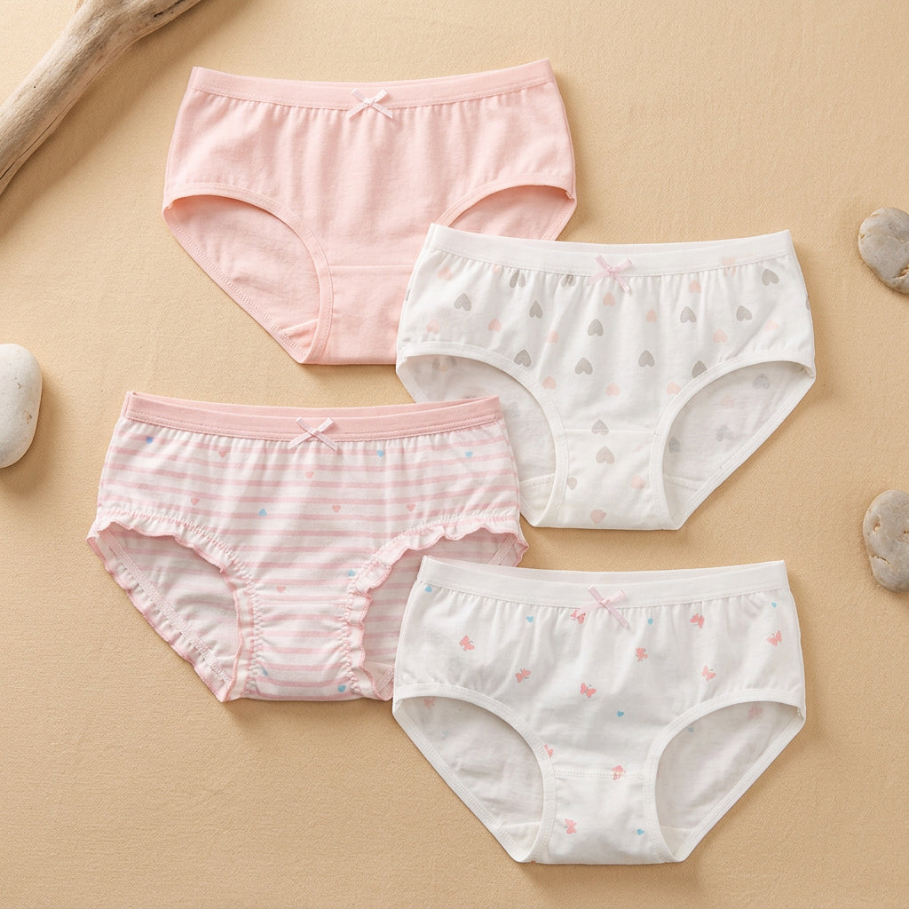 PureOnSkin Girls’ 4-Pack Pure Cotton Briefs Pastel & Cartoon Prints (Ages 3–16)