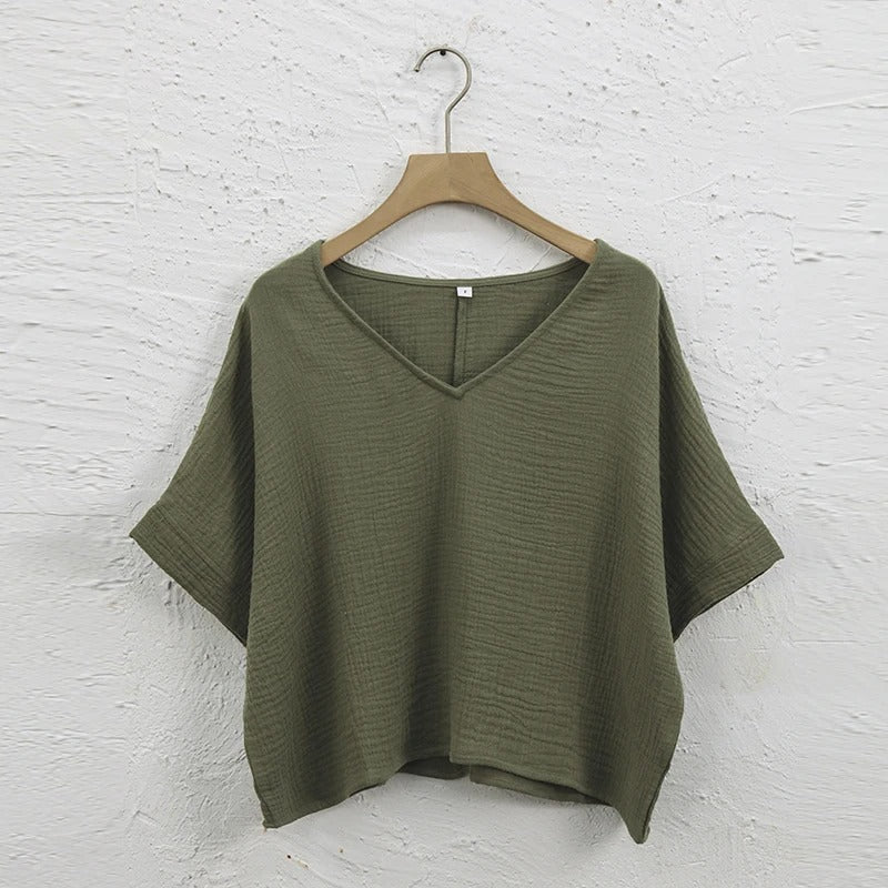 Women's 100% Cotton Muslin V-Neck Short Sleeve Oversized T-Shirt