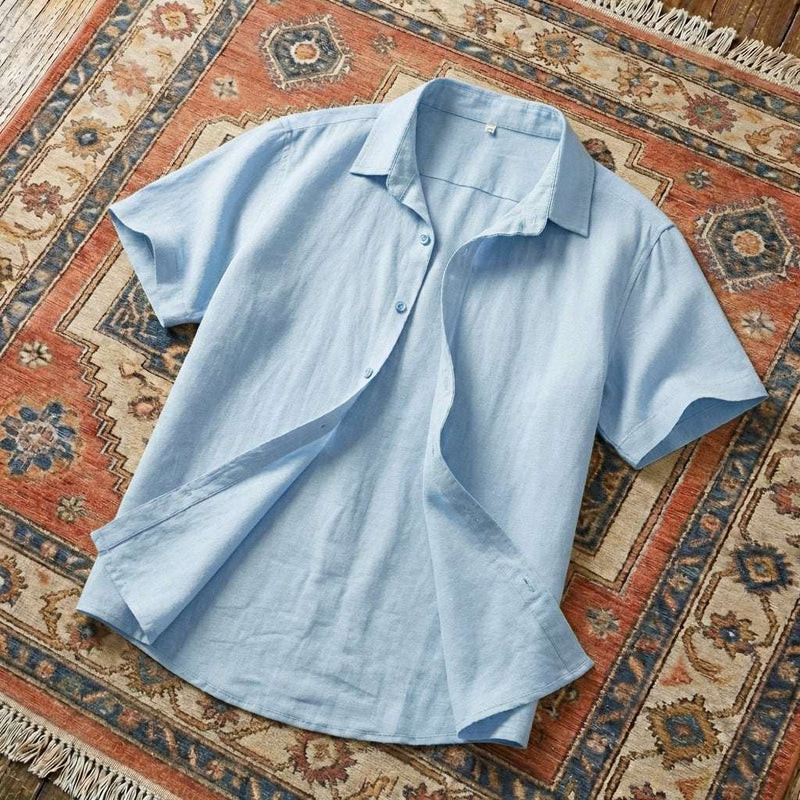 PureOnSkin Breathable Men’s Casual Cotton Linen Short Sleeve Shirt for Sweat-Induced Dermatitis & Friction Relief – Sky Blue