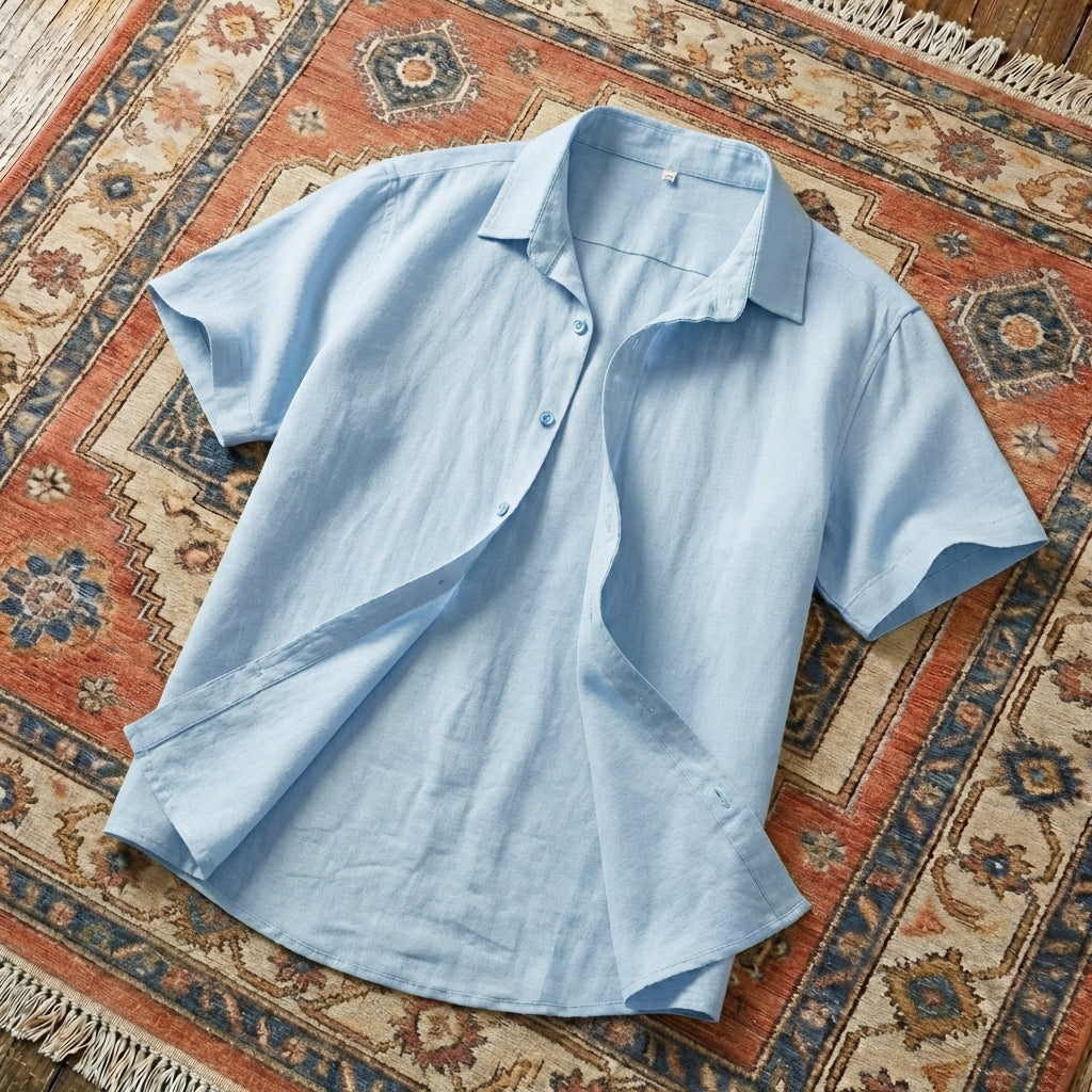 Men’s two-piece casual set featuring a short-sleeve button-down shirt and matching drawstring shorts in a breathable cotton-linen blend.