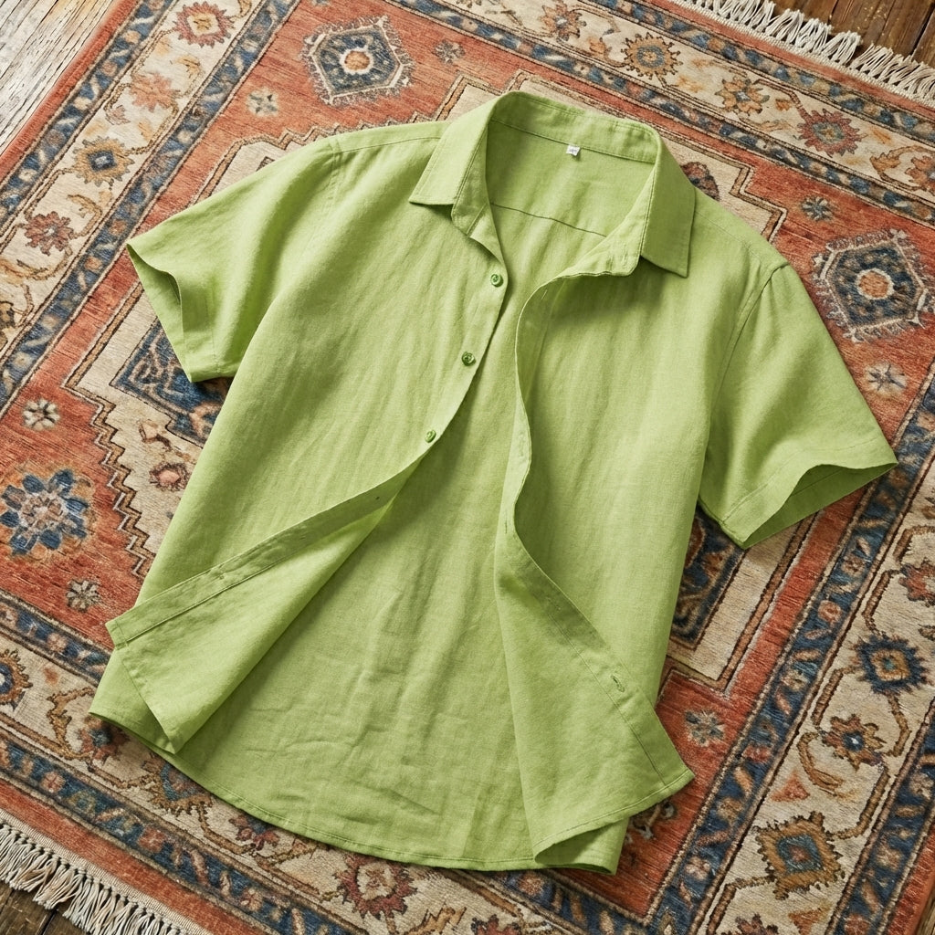 Men’s two-piece casual set featuring a short-sleeve button-down shirt and matching drawstring shorts in a breathable cotton-linen blend.