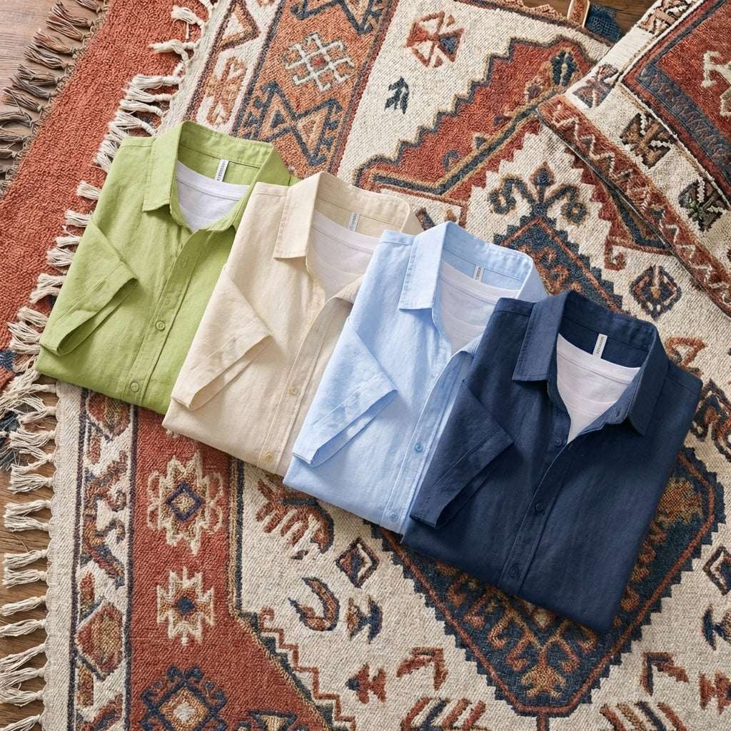 Men’s two-piece casual set featuring a short-sleeve button-down shirt and matching drawstring shorts in a breathable cotton-linen blend.