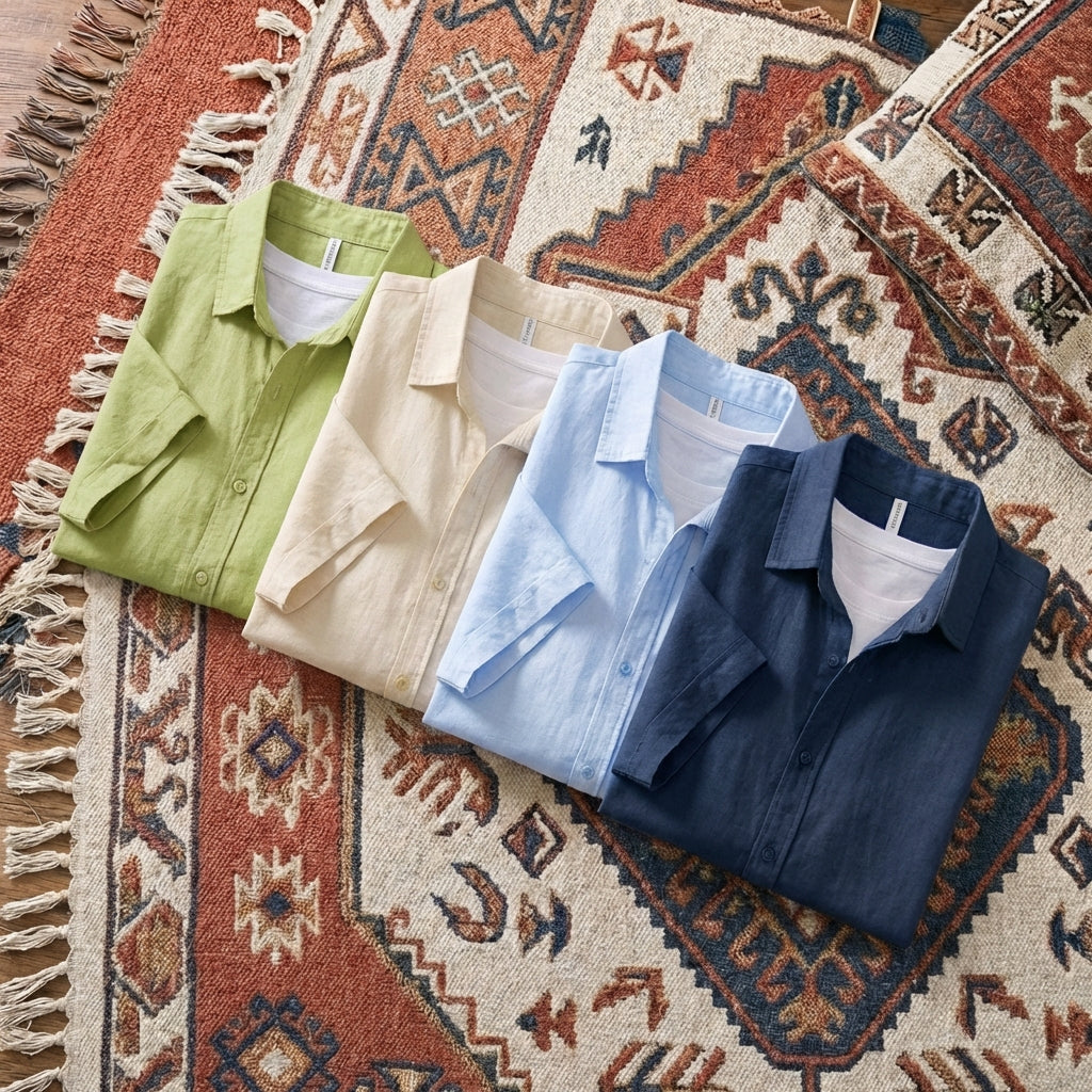 Men’s two-piece casual set featuring a short-sleeve button-down shirt and matching drawstring shorts in a breathable cotton-linen blend.