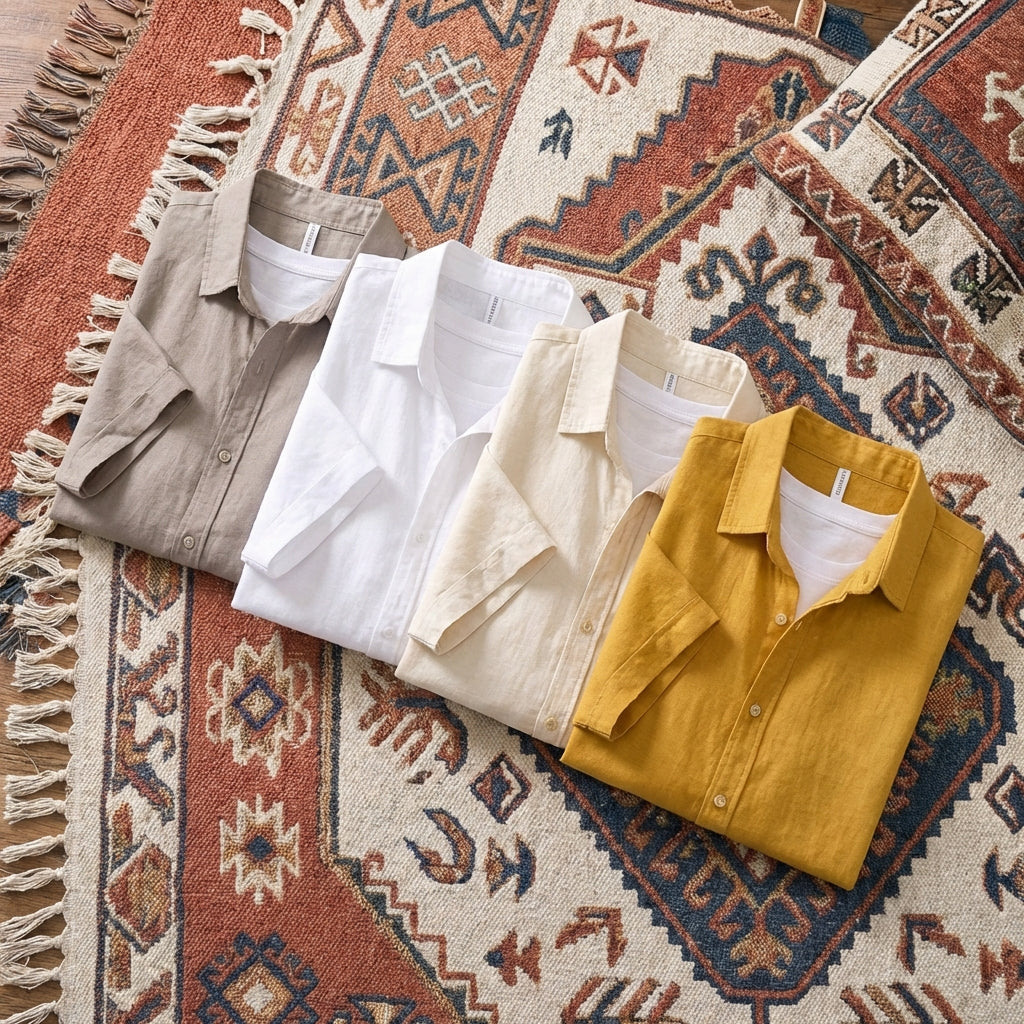 Men’s two-piece casual set featuring a short-sleeve button-down shirt and matching drawstring shorts in a breathable cotton-linen blend.