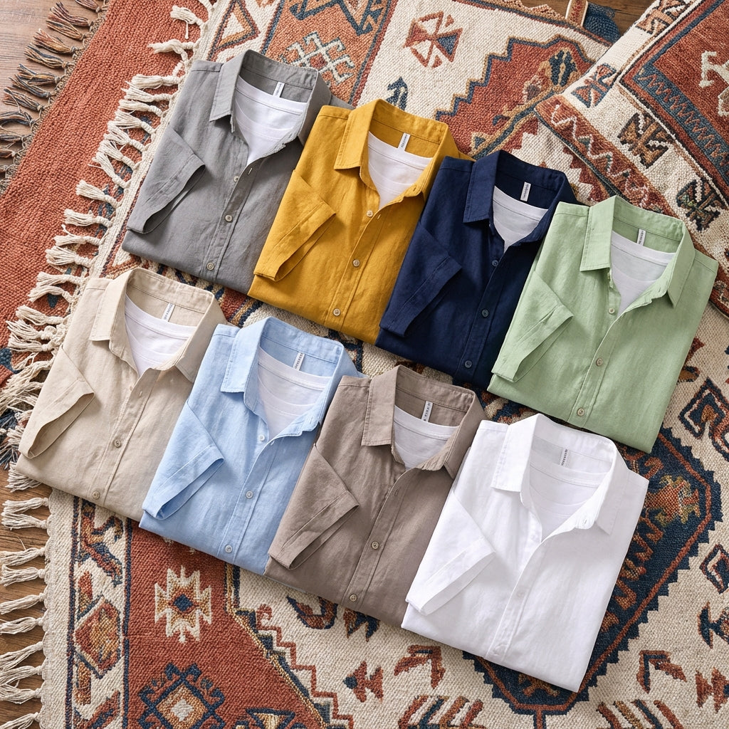 Men’s two-piece casual set featuring a short-sleeve button-down shirt and matching drawstring shorts in a breathable cotton-linen blend.