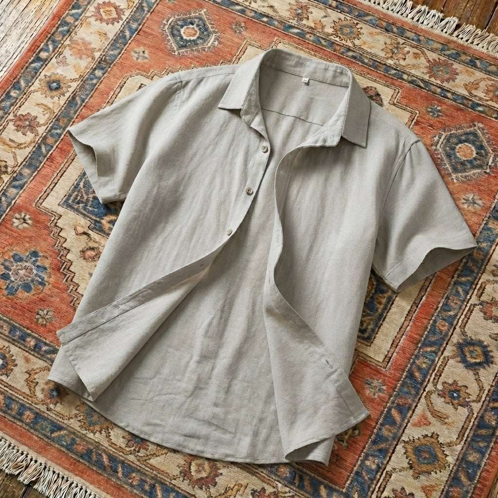 Men’s two-piece casual set featuring a short-sleeve button-down shirt and matching drawstring shorts in a breathable cotton-linen blend.