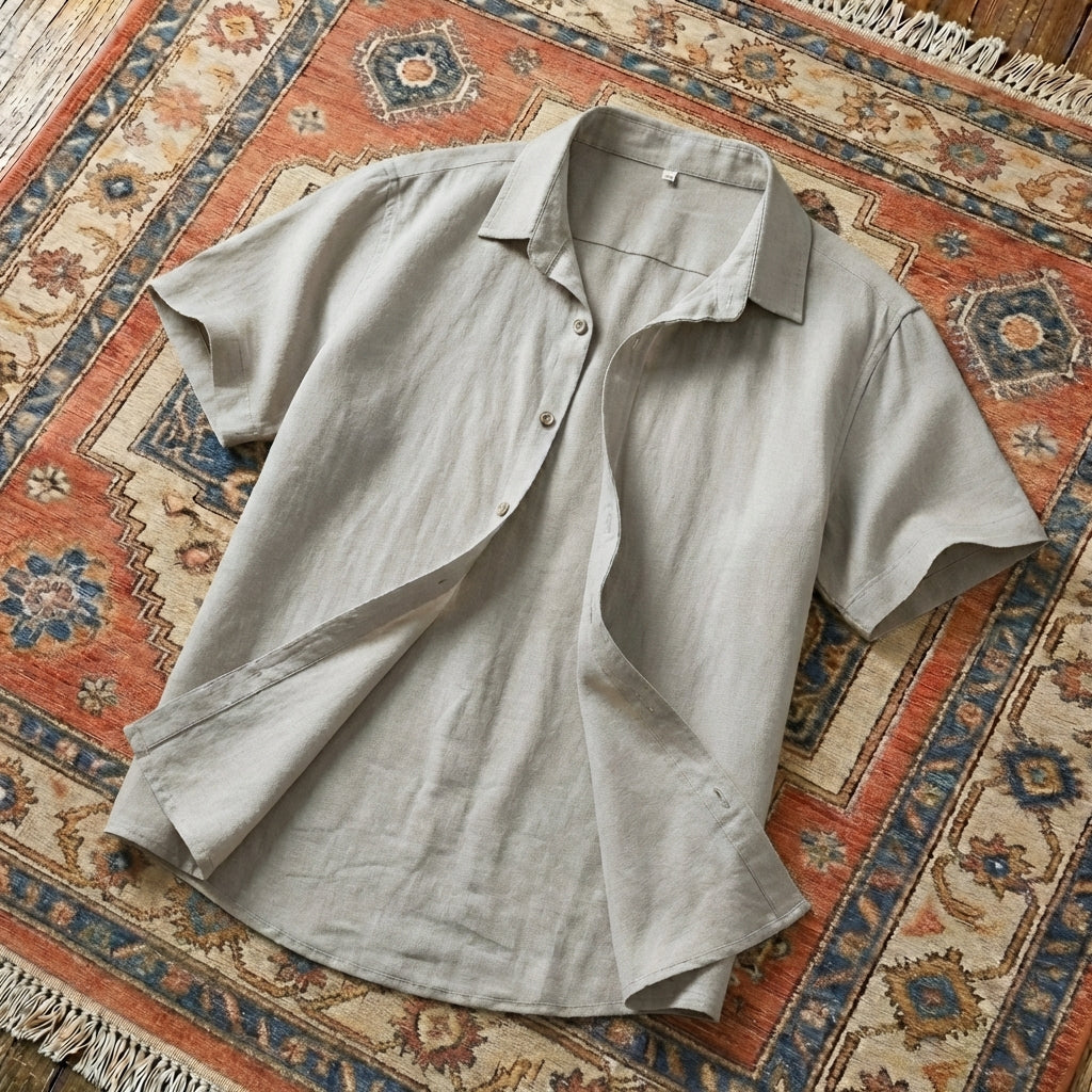 Men’s two-piece casual set featuring a short-sleeve button-down shirt and matching drawstring shorts in a breathable cotton-linen blend.