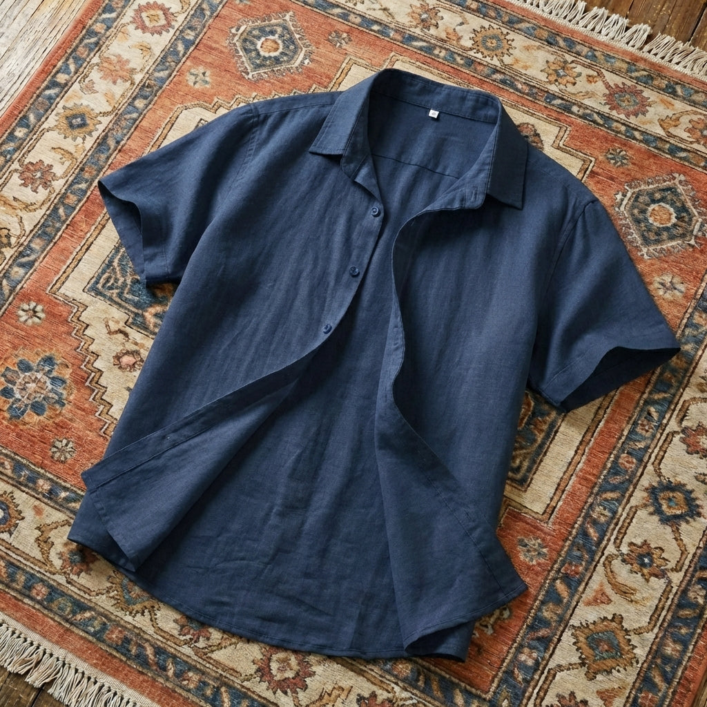 Men’s two-piece casual set featuring a short-sleeve button-down shirt and matching drawstring shorts in a breathable cotton-linen blend.