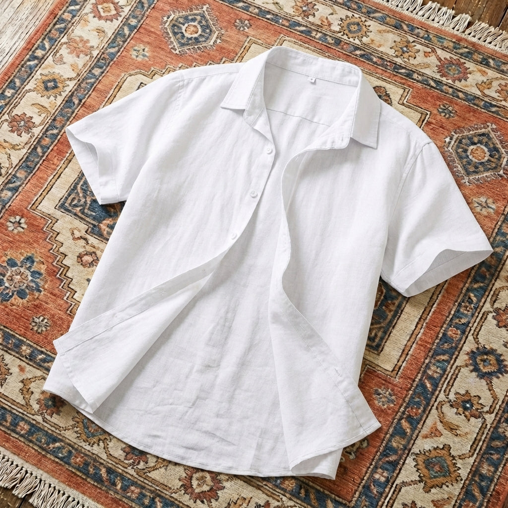 Men’s two-piece casual set featuring a short-sleeve button-down shirt and matching drawstring shorts in a breathable cotton-linen blend.