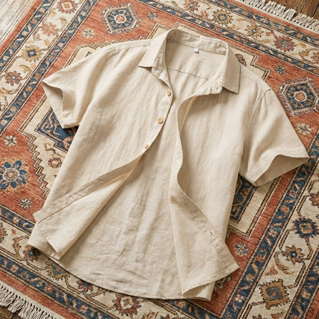 Men’s two-piece casual set featuring a short-sleeve button-down shirt and matching drawstring shorts in a breathable cotton-linen blend.
