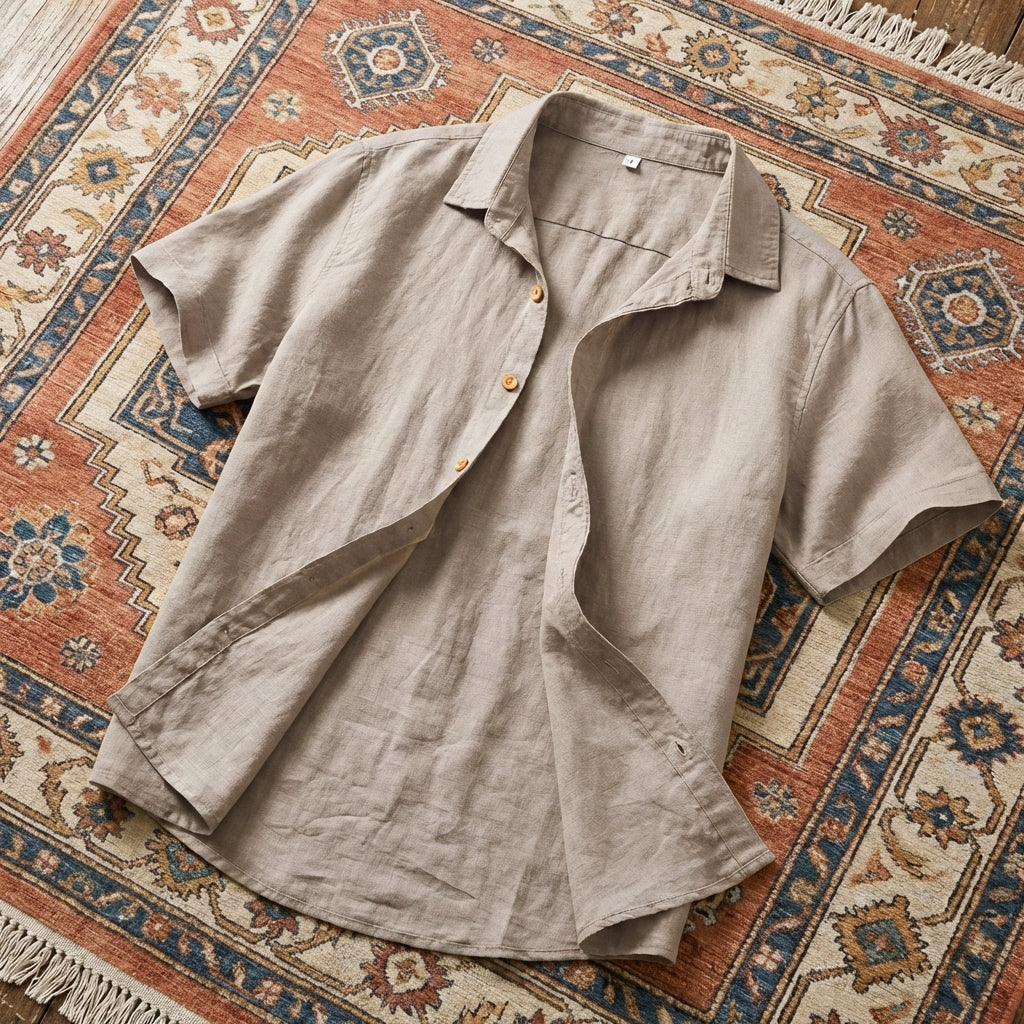 Men’s two-piece casual set featuring a short-sleeve button-down shirt and matching drawstring shorts in a breathable cotton-linen blend.