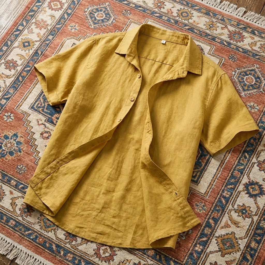 Men’s two-piece casual set featuring a short-sleeve button-down shirt and matching drawstring shorts in a breathable cotton-linen blend.