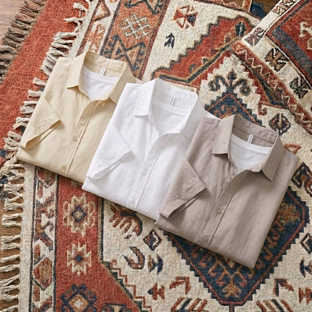 Men’s two-piece casual set featuring a short-sleeve button-down shirt and matching drawstring shorts in a breathable cotton-linen blend.